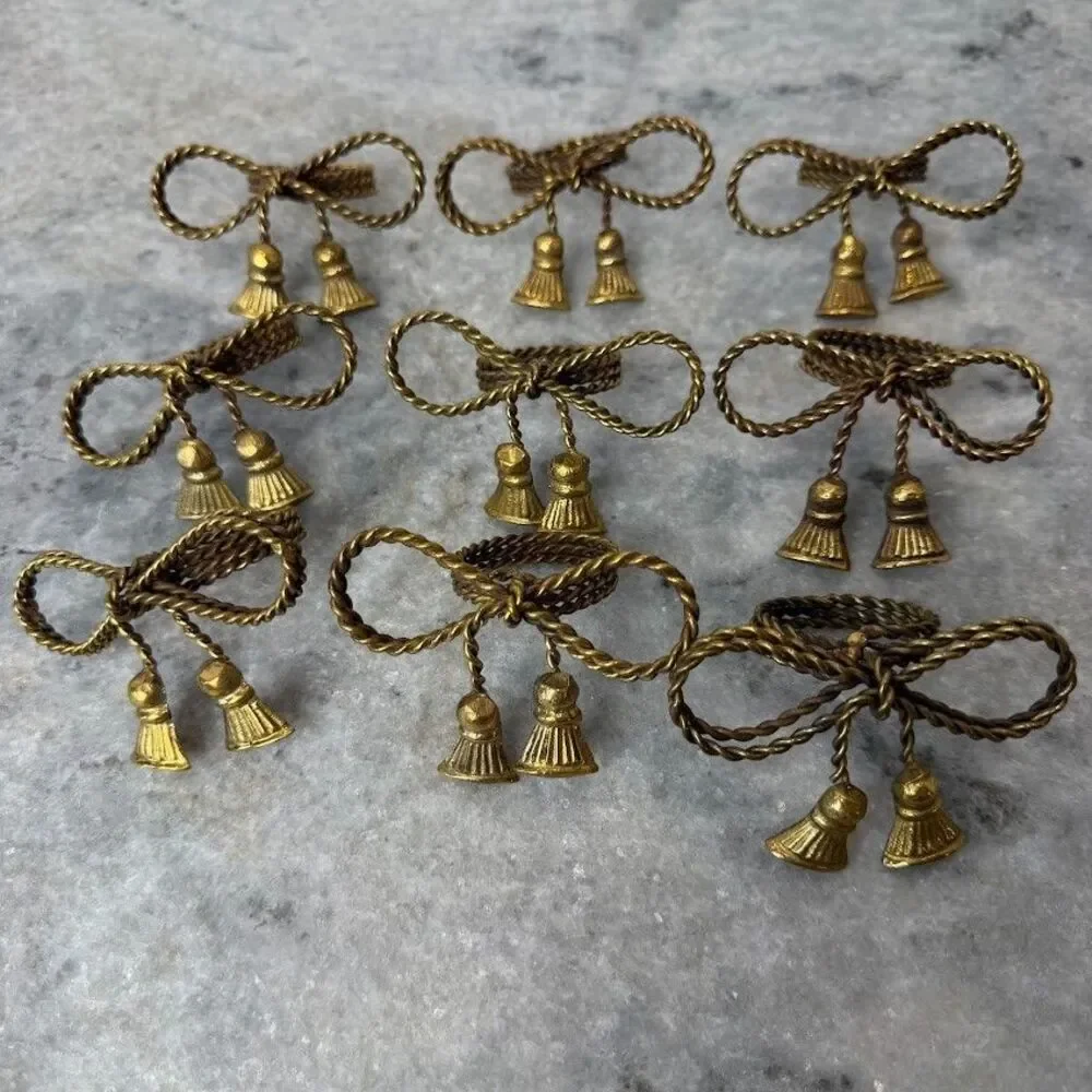 Set of 9 Vintage Brass Twisted Coiled Rope Bow and Tassel Napkin Rings